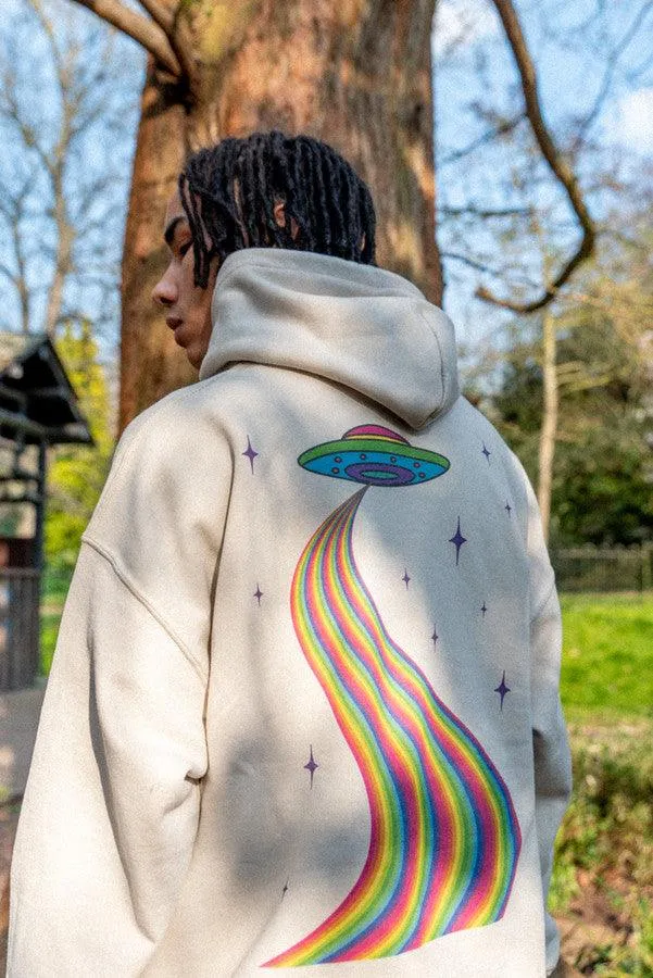 Hoodie In Sand With Trippy Alien Invasion Print
