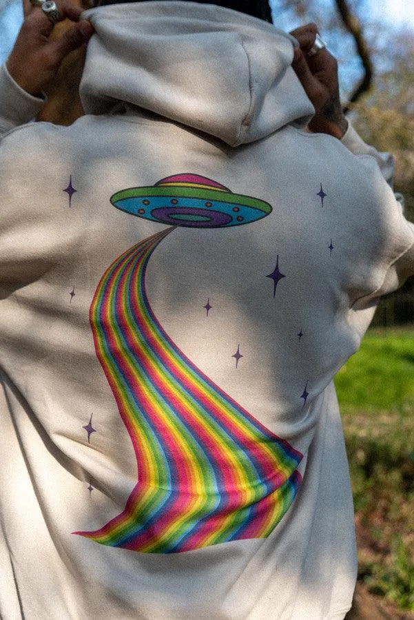 Hoodie In Sand With Trippy Alien Invasion Print