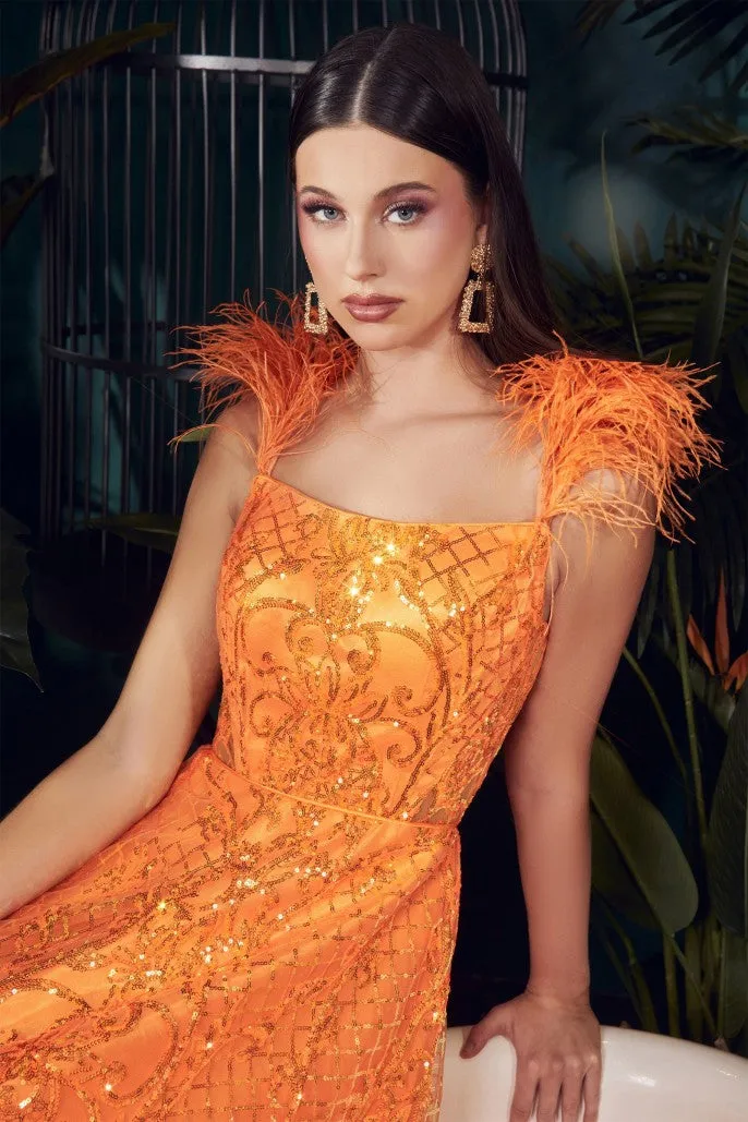 Ladivine KV1076 Size 2 Neon Orange Sequin Feather Prom Dress A Line Sheer Backless Formal Gown