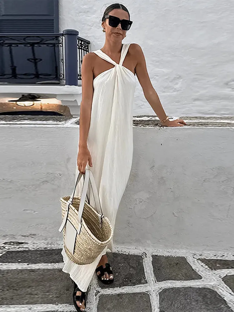 Off Shoulder Halter Pleated Maxi Dress