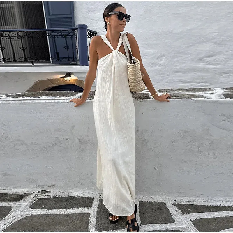 Off Shoulder Halter Pleated Maxi Dress