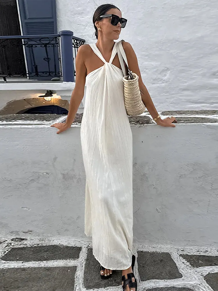 Off Shoulder Halter Pleated Maxi Dress