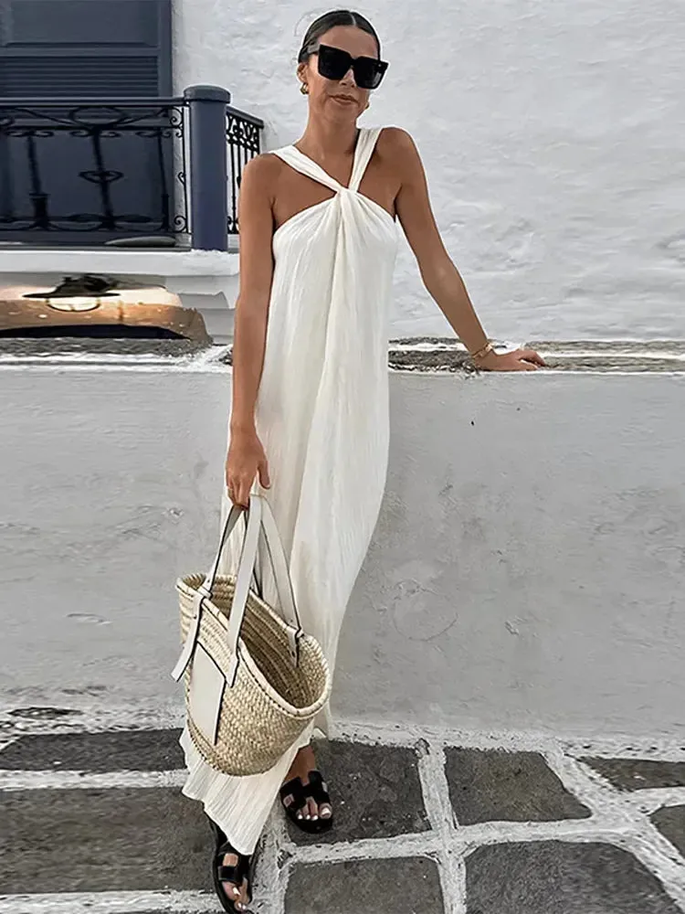 Off Shoulder Halter Pleated Maxi Dress