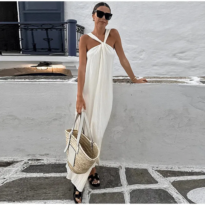 Off Shoulder Halter Pleated Maxi Dress