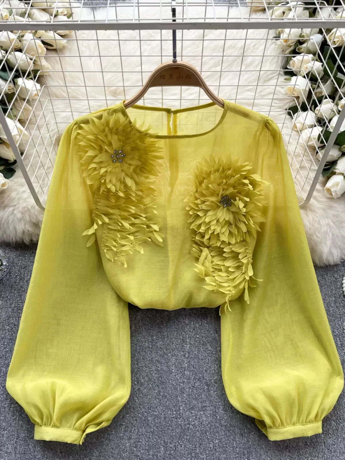 Rosy Radiance Petal-Adorned Sheer Blouse