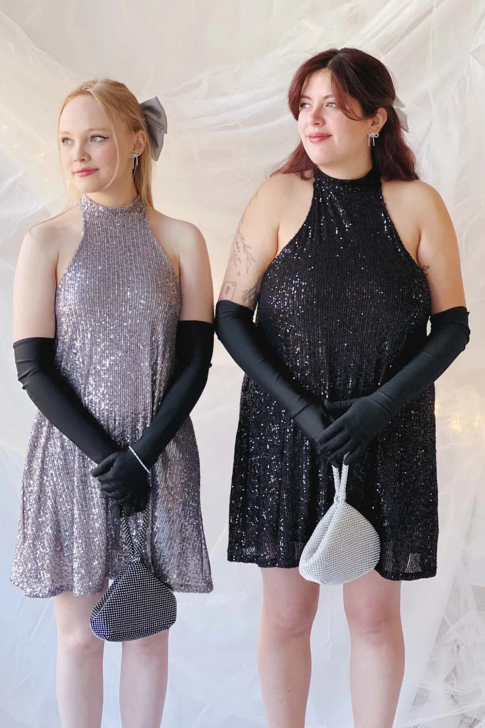 Singapour Silver | Short Sequin Dress w/ High Neck